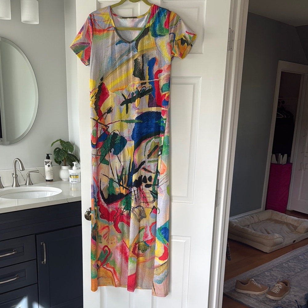 Abstract Multi-Color V-Neck Maxi Dress - Casual Women’s Dress